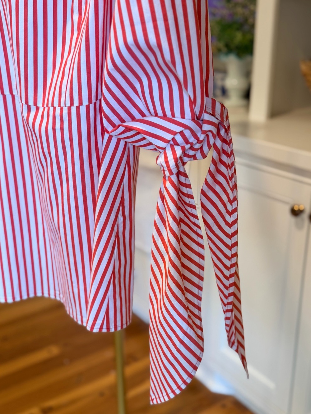 J. Crew Red and White Striped V-Neck Tie-Sleeve Blouse Size XL - Picture 6 of 10